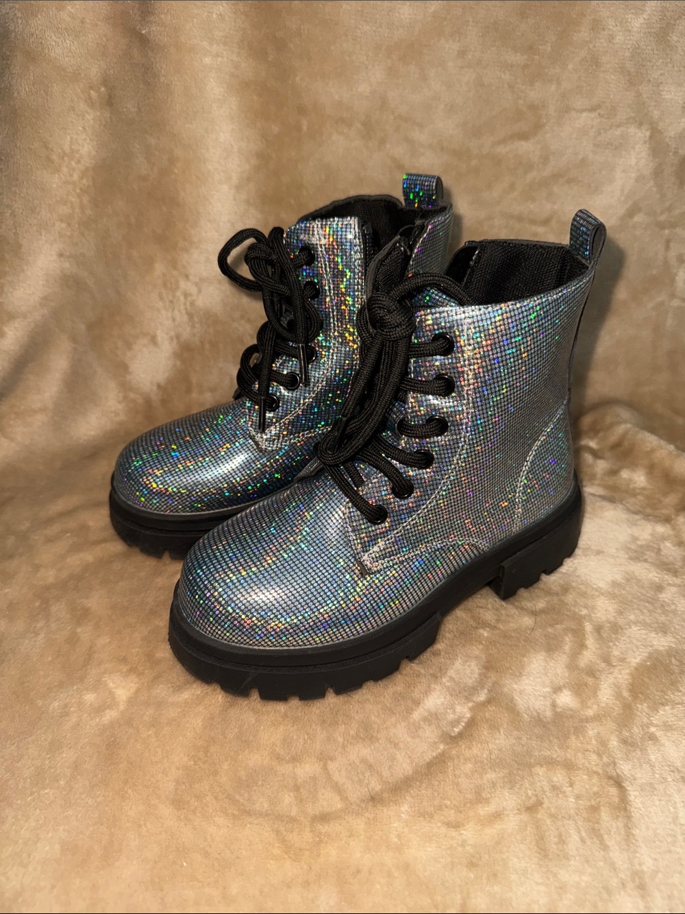 Kids Holographic Lace-Up Combat Boots - Silver Glitter